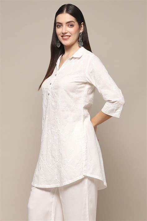 Buy White Cotton Embroidered Straight Short Kurta Online at Biba India