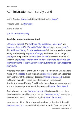 Administration cum surety bond | Template for download