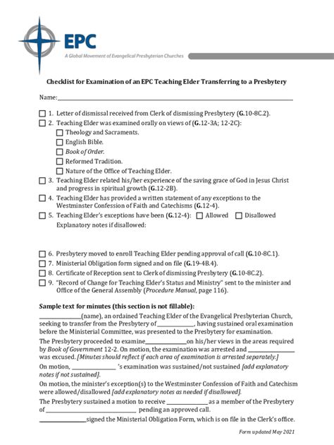 Fillable Online Checklist for Examination of an EPC Teaching Elder ...