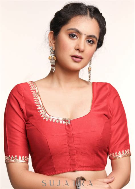 Hand Embroidered Red Cotton Silk Blouse – Sujatra