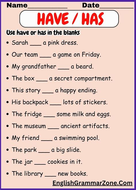 Complete The Sentences Use Verb Have Has Worksheets With Answers