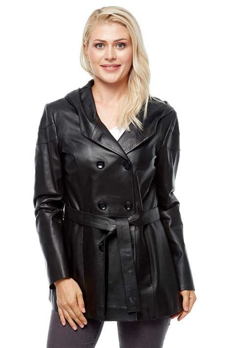 Women's 100 % Real Black Leather Hooded Belted Coat