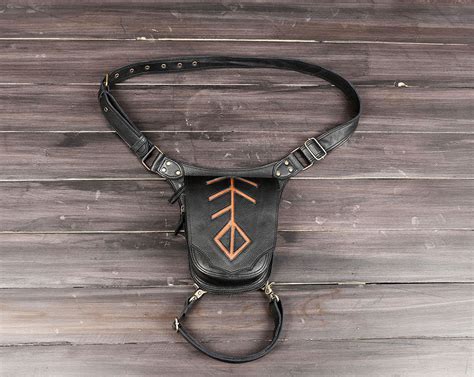 Handcrafted Black Leather Waist Thigh Belt with Rune Design || Leather