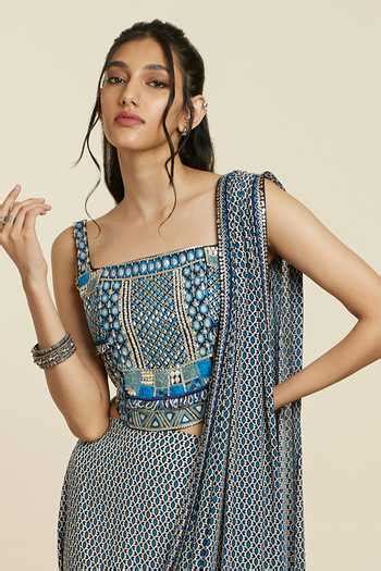 Buy Blue Crepe Cut Work, Sequins Geometric Print Pre-draped Saree With ...