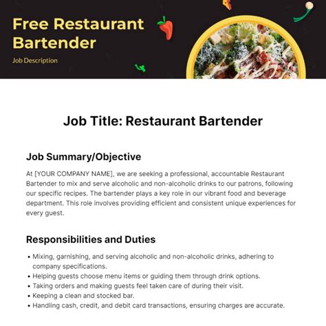 Free Restaurant Bartender Job Description Template to Edit Online