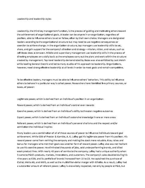Leadership and leadership styles - Leadership and leadership styles ...