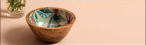 nestroots Wooden Serving Bowl for Snacks & Dry Fruits |Green Printed ...