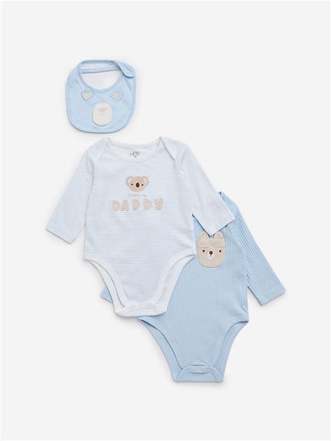 Buy HOP Baby Light Blue Animal Print Cotton Rompers and Bib - Pack of 2 ...
