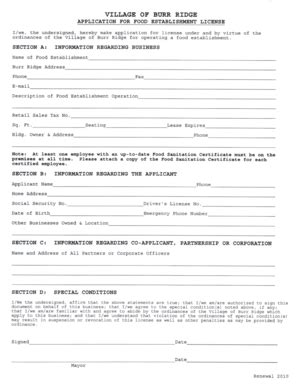 Fillable Online brparks VILLAGE APPLICATION FOR OF BT'RR RIDGE FOOD ...