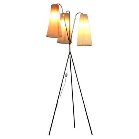 Vintage Tripod Floor Lamp in Brass and Plisse, 1950s For Sale at 1stDibs