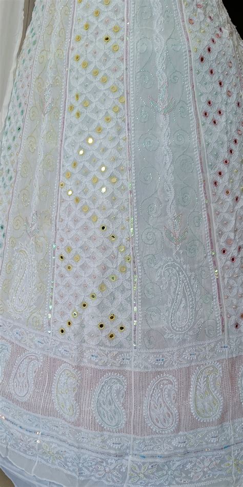 White Chikankari and Multicolored Cut Dana Mirror and Pearl Work Anark