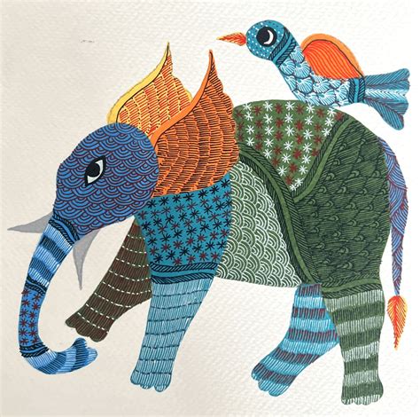 Buy Elephant And Bird Print - Gond Painting & Artwork