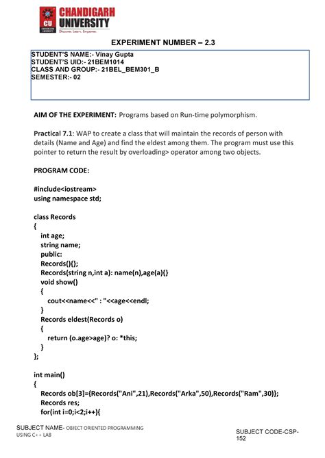 Exp-2 - chandigarh university C++ assignment - SUBJECT NAME- OBJECT ...