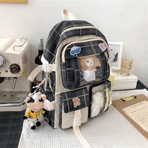 Buy Checkered Kawaii Backpack with Pin,Aesthetic Backpack for Girls ...