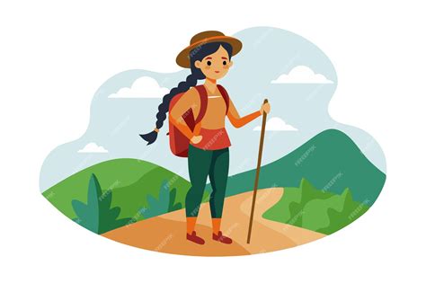 Cartoon woman hiking with backpack and walking stick on nature trail in ...