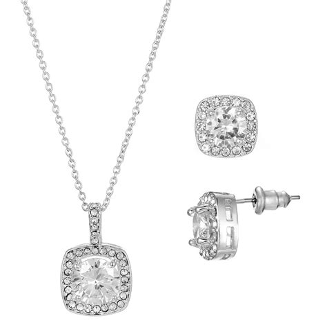 Primavera Silver Plated Cubic Zirconia Square Pendant & Earring Set