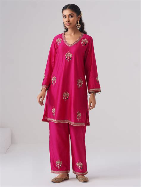 Rust Zardozi Embroidered Crushed Tissue Silk Kurta with Pants - Set of 2