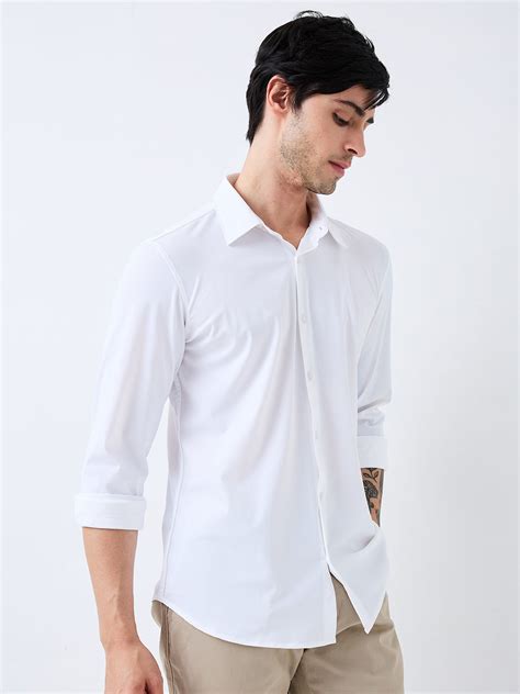 Spykar White Slim Fit Solid Full Sleeve Shirt For Men