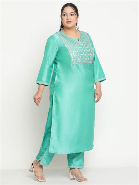Shop Women Green Embroidered Yoke Design Plus Size Kurta with Trousers ...