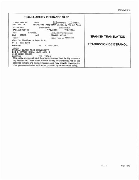 Texas Liability Insurance Card Template - Printable Calendars AT A GLANCE