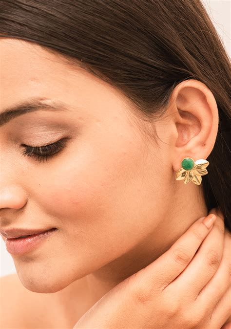 Buy Emerald Leaf Silver-Gold Plated Silver Earrings Online