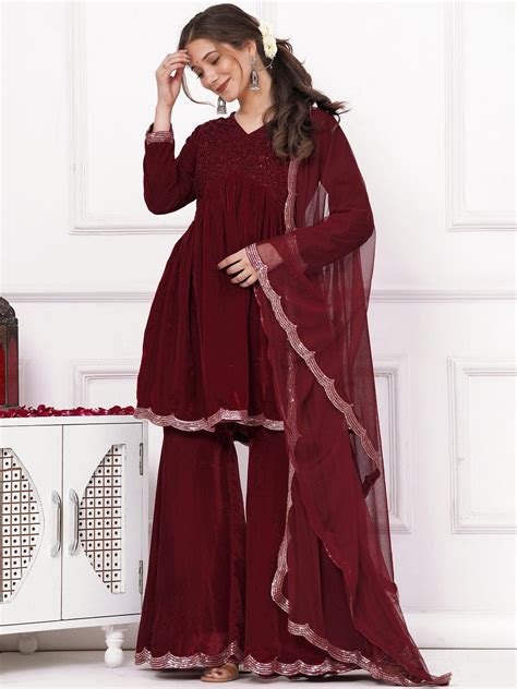 Buy Maroon Embroidered Velvet A-Line Kurti With Sharara & Dupatta ...