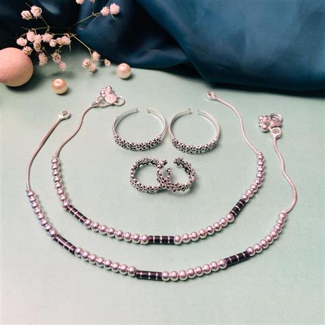 Enchanting Silver Oxidised Anklet & Toe Rings Combo - Abdesignsjewellery