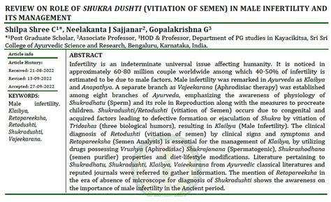 Review on Role of Shukra Dushti (Vitiation of Semen) in Male ...