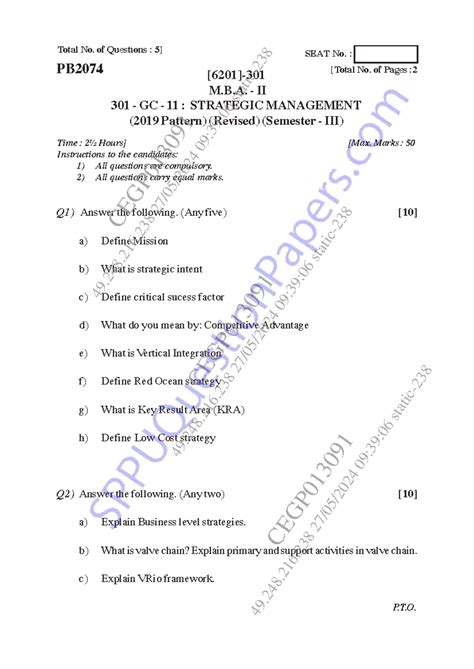 M.B.A. II 301 GC 11: Strategic Management Exam Questions (2019) - Studocu