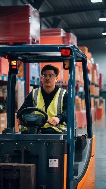 Forklift driver in protective vest driving forklift at warehouse of ...