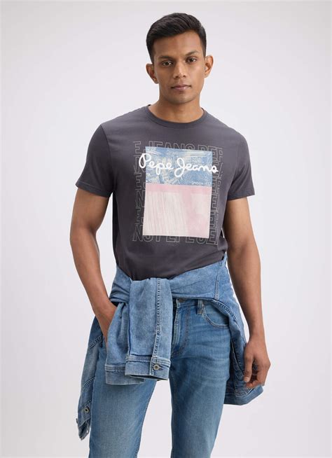 Men Grey Photographic Print Short Sleeve T-shirt | Pepe Jeans India