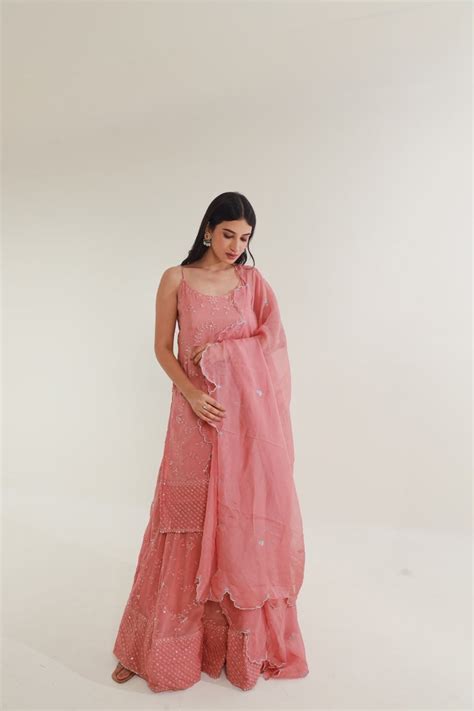 Buy Designer Pink Mirror Work Chikankari Georgette Sharara Set For ...