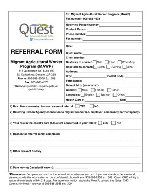 Fillable Online REFERRAL FORM - Quest CHC Fax Email Print - pdfFiller