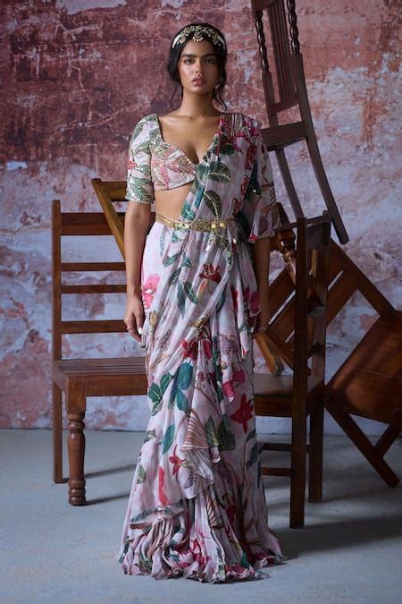Buy Pink Organza Sequins, Beads Polo Zafa Floral Print Pre-draped Saree ...