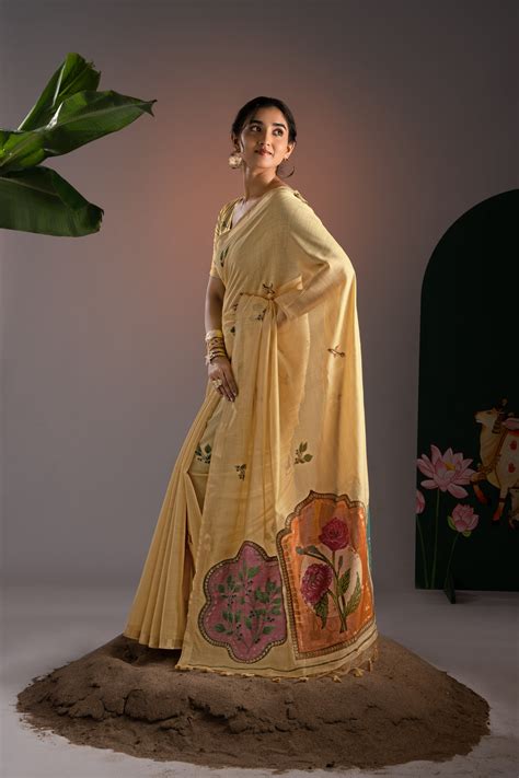 Glam Yellow Muga Cotton Saree With Unstitched Blouse Piece – Gajarai