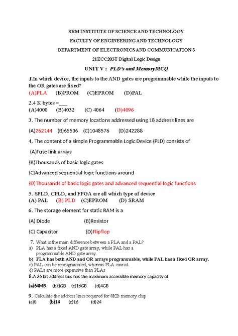 DLD UNIT V mcq - DLD UNIT V mcq - SRM INSTITUTE OF SCIENCE AND ...