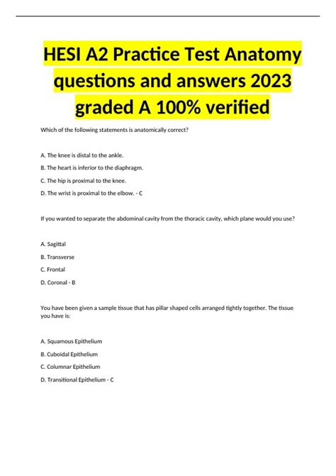 HESI A2 Practice Test Anatomy questions and answers 2023 graded A 100% ...