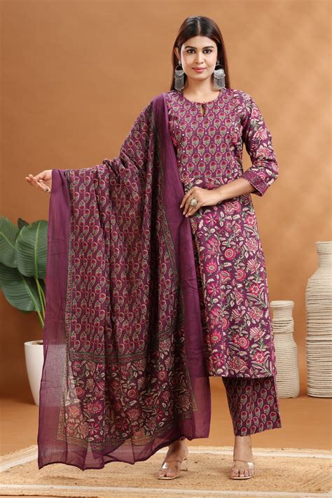 Purple Jaipuri Cotton A Line Printed Kurta Pants and Dupatta Set ...