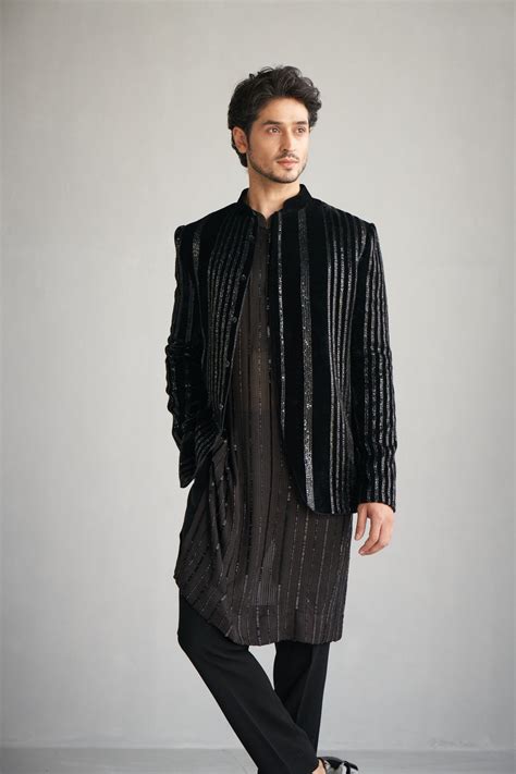 Sawan Gandhi - Black Sequin Stripe Bandhgala Set - Elahe