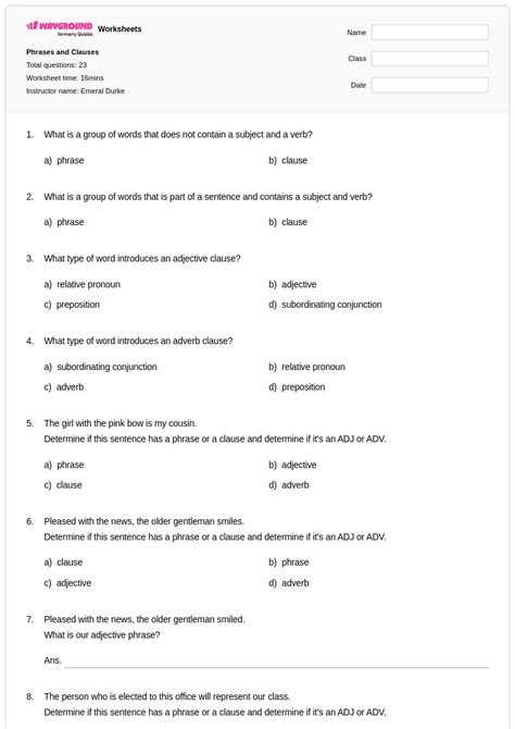 50+ Phrases and Clauses worksheets for Class 7 on Wayground | Free ...