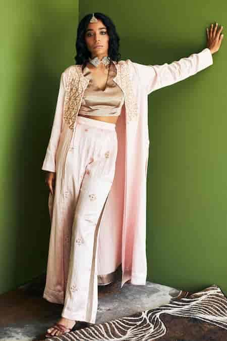 Buy Pink Cotton Satin Floral, Geometric Blouse V Neck, Jacket Open And ...