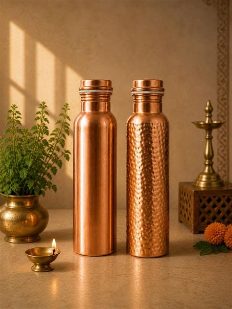 Buy Set of 2 Copper Water Bottles | Plain & Hammered 1 Litre Ayurvedic ...