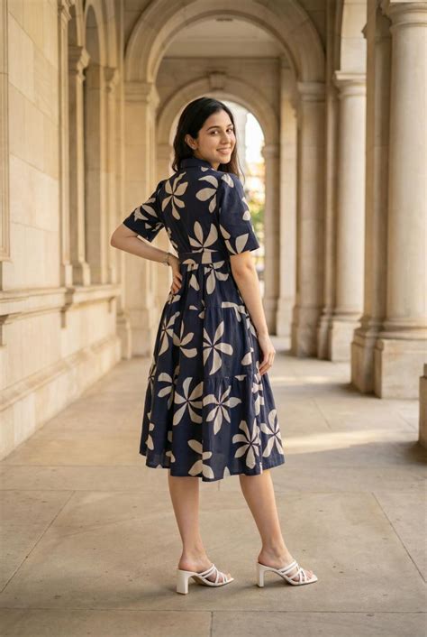 Buy Navy Blue Shirt Collar Floral Printed Dress For Women Online @ Best ...