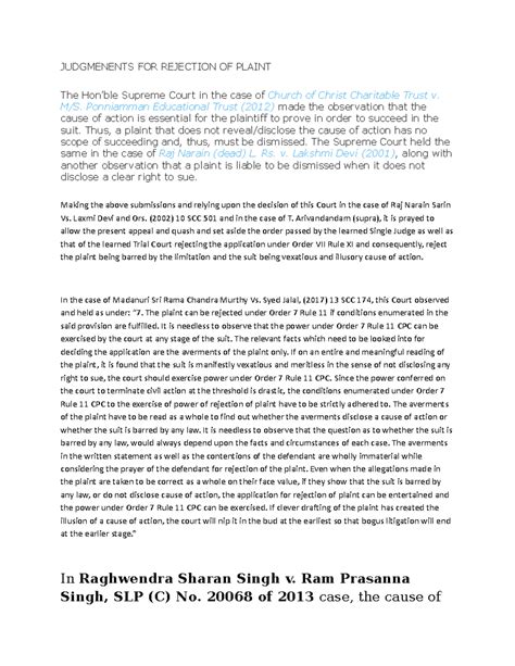 Rejection of Plaint in Civil Suits: Key Judgments & Principles - Studocu