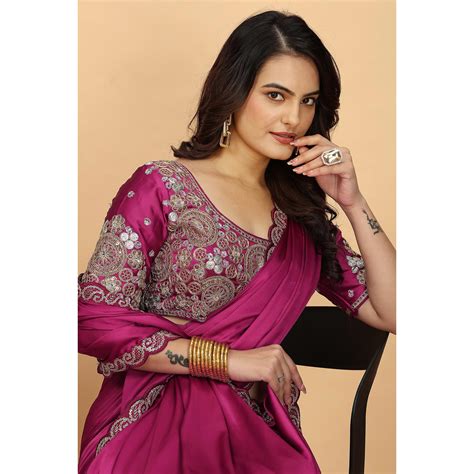 Pink Solid Satin Saree With Sequins Embroidered Border
