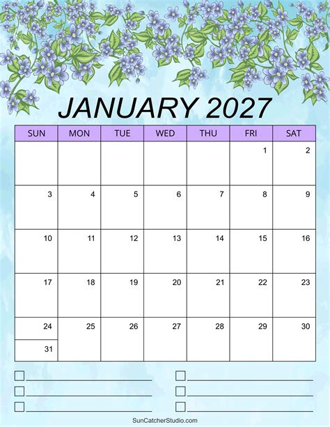Printable Monthly Calendar January 2027