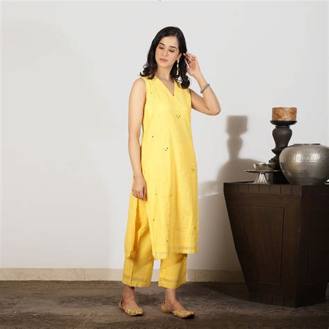 Yellow Chanderi Kurta with Mirrorwork | Spring Soul