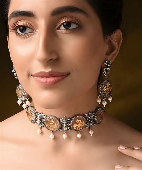 Ada Dual Tone Handcrafted Pure Silver Tribal Necklace Set With Pearls ...