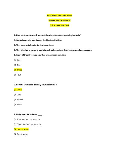 Biological Classification Practice QUIZ - BIOLOGICAL CLASSIFICATION ...