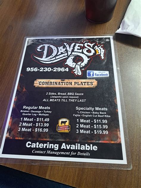 Menu at Dave's BBQ, Harlingen
